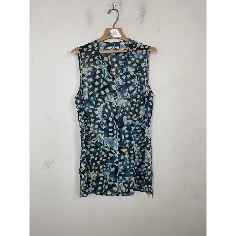 Cabi Teal Abstract Print Sleeveless V-Neck Blouse Top‎ Style 416 Womens Large